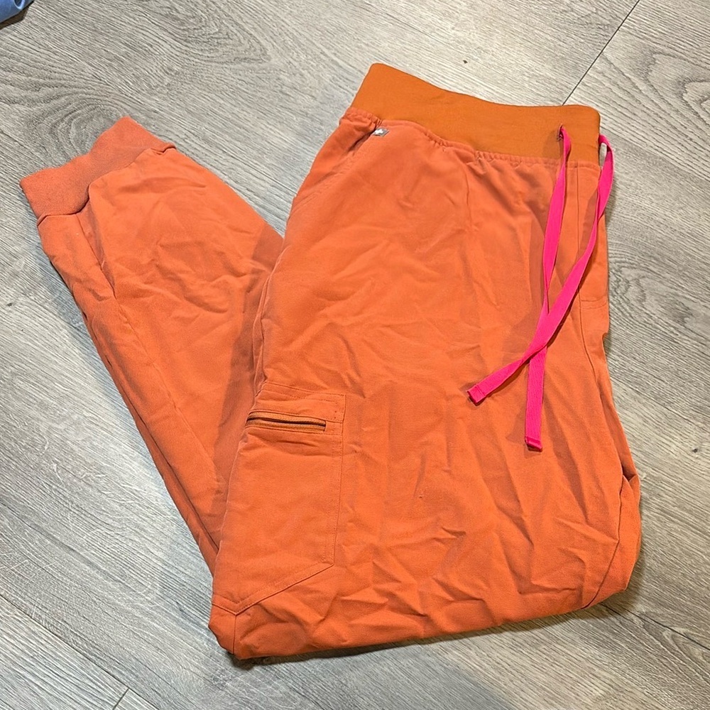 Figs Orange Jogger Pants with Pink Drawstring